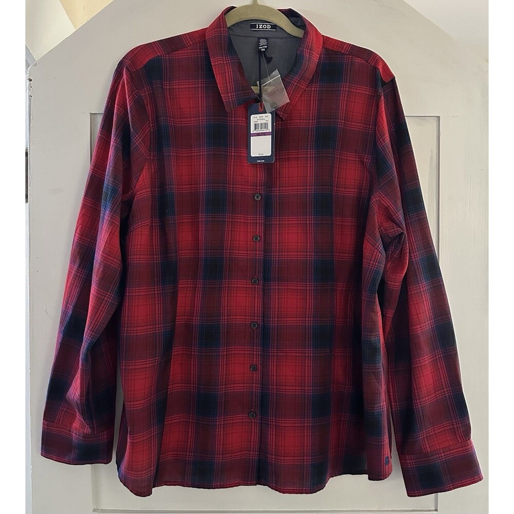 Men’s IZOD Red Blue Plaid Long Sleeve Button Down Shirt Lightweight  Size XXL